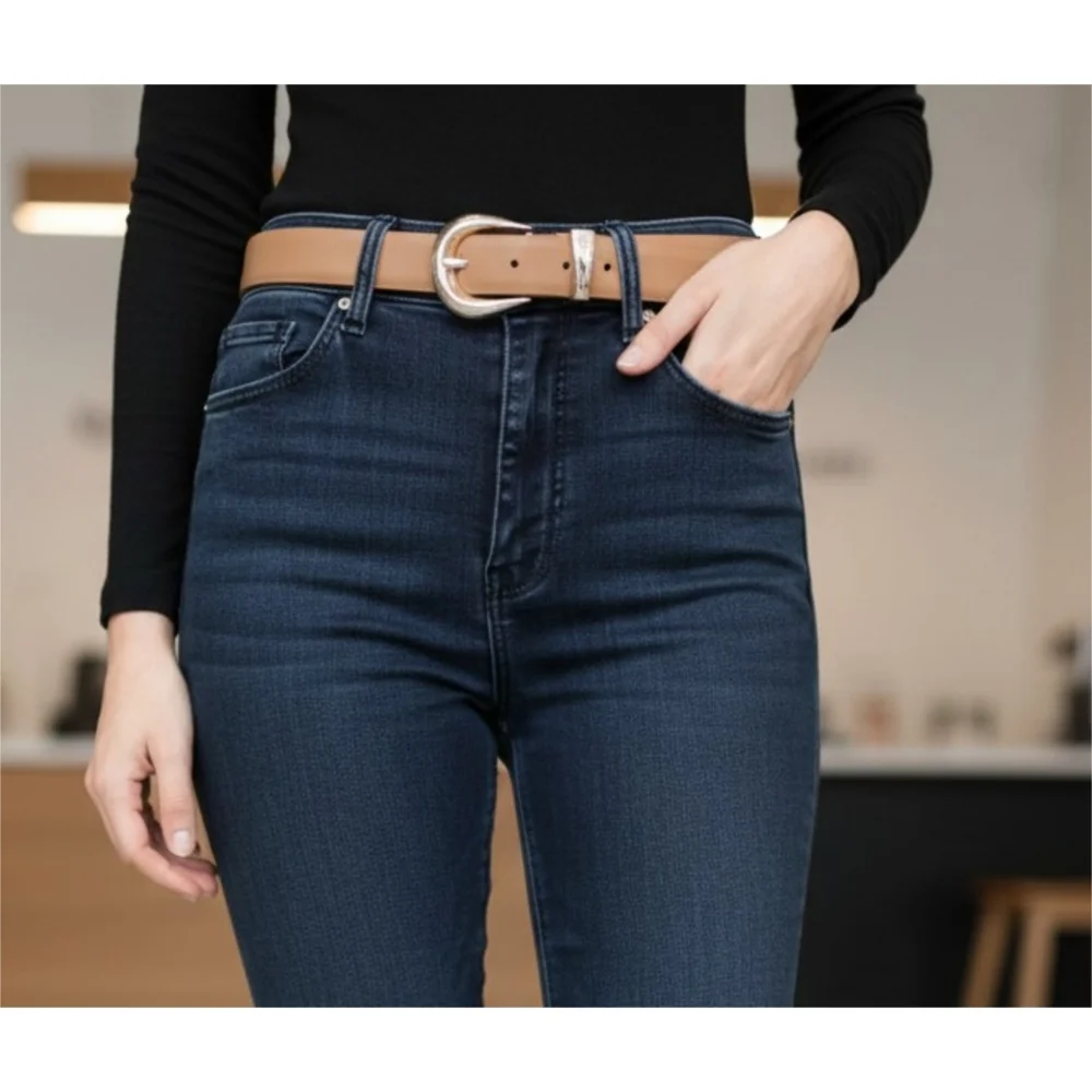 Faux Leather Brown Belt Brass Buckle